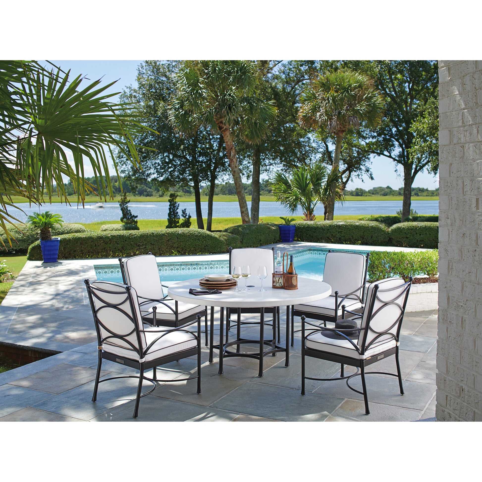 Pavlova Round Dining Table by Tommy Bahama Outdoor in textured graphic white. Made from unique in a transitional style.
