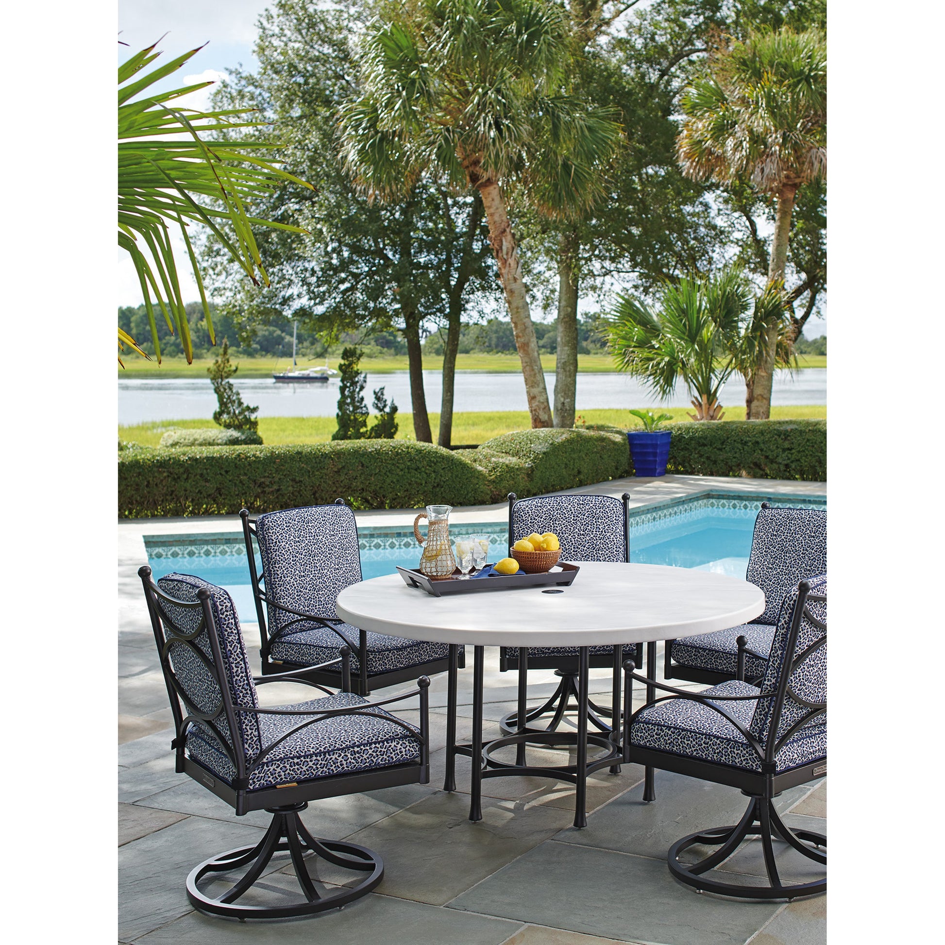Pavlova Round Dining Table by Tommy Bahama Outdoor in textured graphic white. Made from unique in a transitional style.