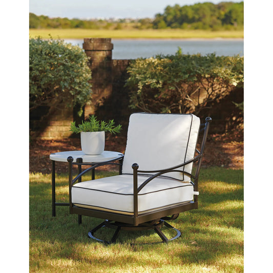 Pavlova Swivel Lounge Chair by Tommy Bahama Outdoor in white and graphite. Made from aluminum, fabric in a unique style.