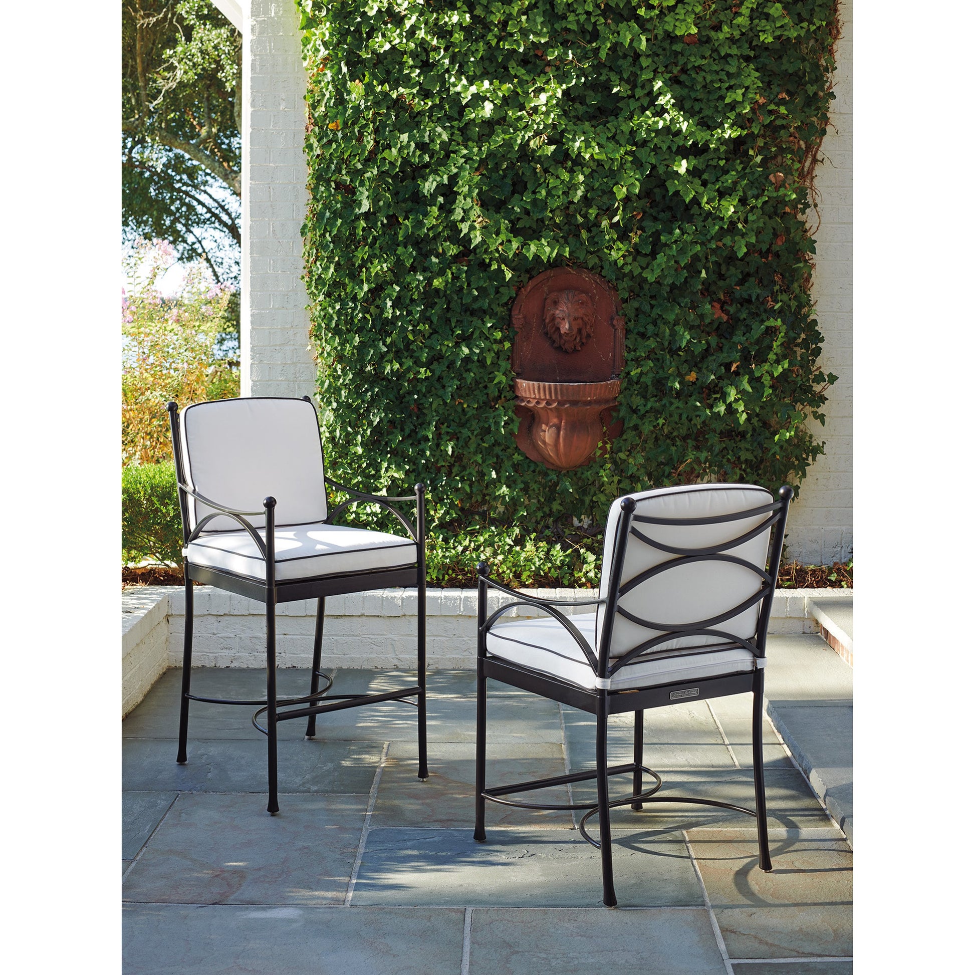 Pavlova Bar Stool by Tommy Bahama Outdoor in white and graphite. Made from aluminum, fabric in a transitional style.