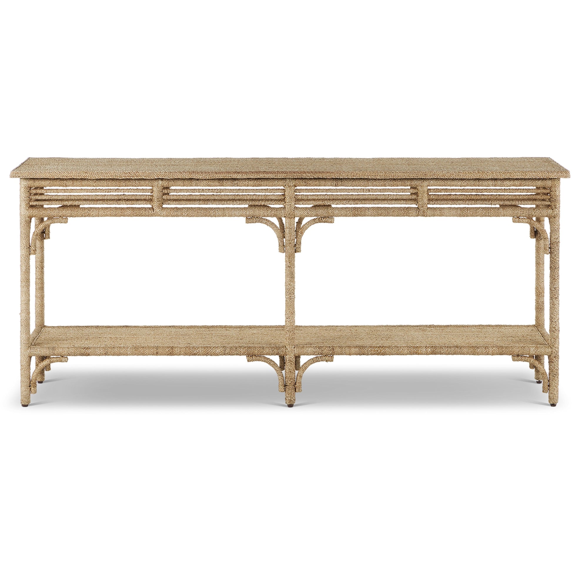 Olisa Rope Console Table by Currey and Company in natural, brown carafe. Made from abaca rope, wood, iron in a modern style.