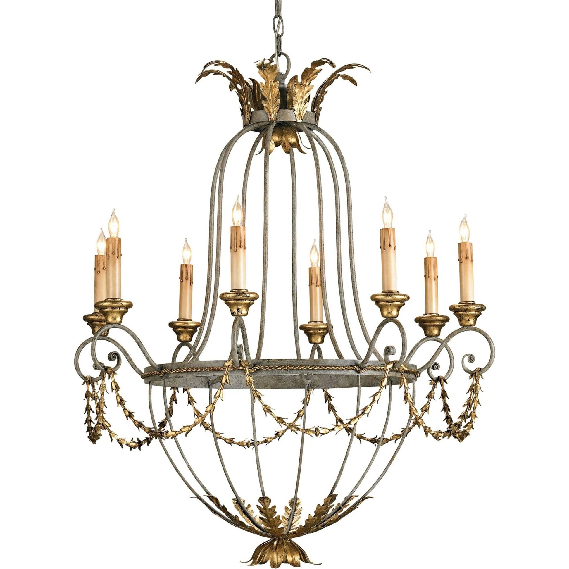 Elegance Chandelier by Currey and Company in etruscan, gold leaf. Made from wrought iron, wood in a traditional style.