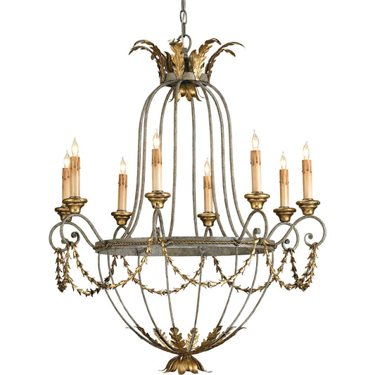 Elegance Chandelier by Currey and Company in etruscan, gold leaf. Made from wrought iron, wood in a traditional style.