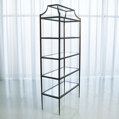 Lescot Etagere by Global Views in dark gunmetal bronze powder coat, gold edges, highlights. Made from iron, tempered glass in a transitional style.