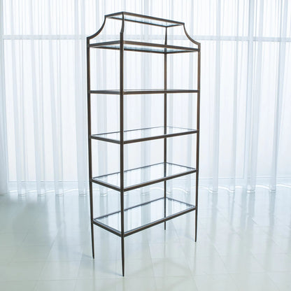 Lescot Etagere by Global Views in dark gunmetal bronze powder coat, gold edges, highlights. Made from iron, tempered glass in a transitional style.