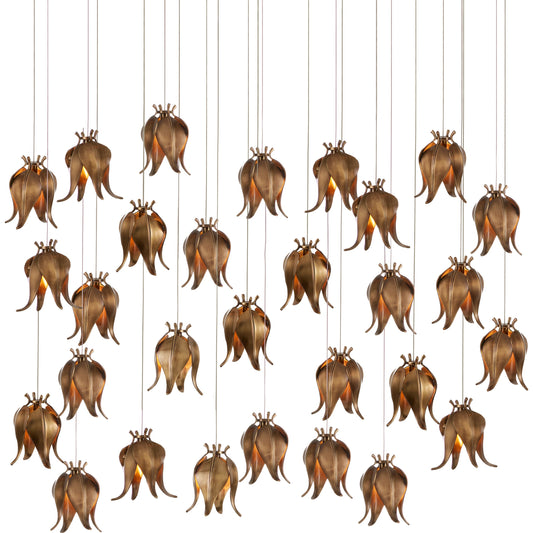 Iota 30-LIGHT Multi-Drop Pendant by Currey and Company in antique brass, silver. Made from brass in a modern style.