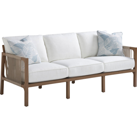 St. Tropez Sofa by Tommy Bahama Outdoor in white and natural teak. Made from unique in a coastal style.