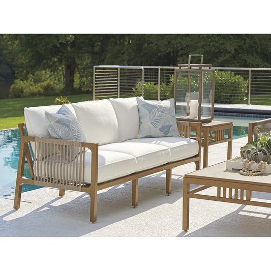 St. Tropez Sofa by Tommy Bahama Outdoor in white and natural teak. Made from unique in a coastal style.