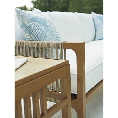 St. Tropez Sofa by Tommy Bahama Outdoor in white and natural teak. Made from unique in a coastal style.