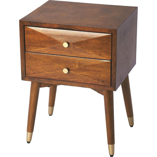 Zelda Nightstand by Butler Specialty Company in medium brown and olive ash burl. Made from mahogany wood solids, mahogany veneers, dark antique gold hardware in a modern style.