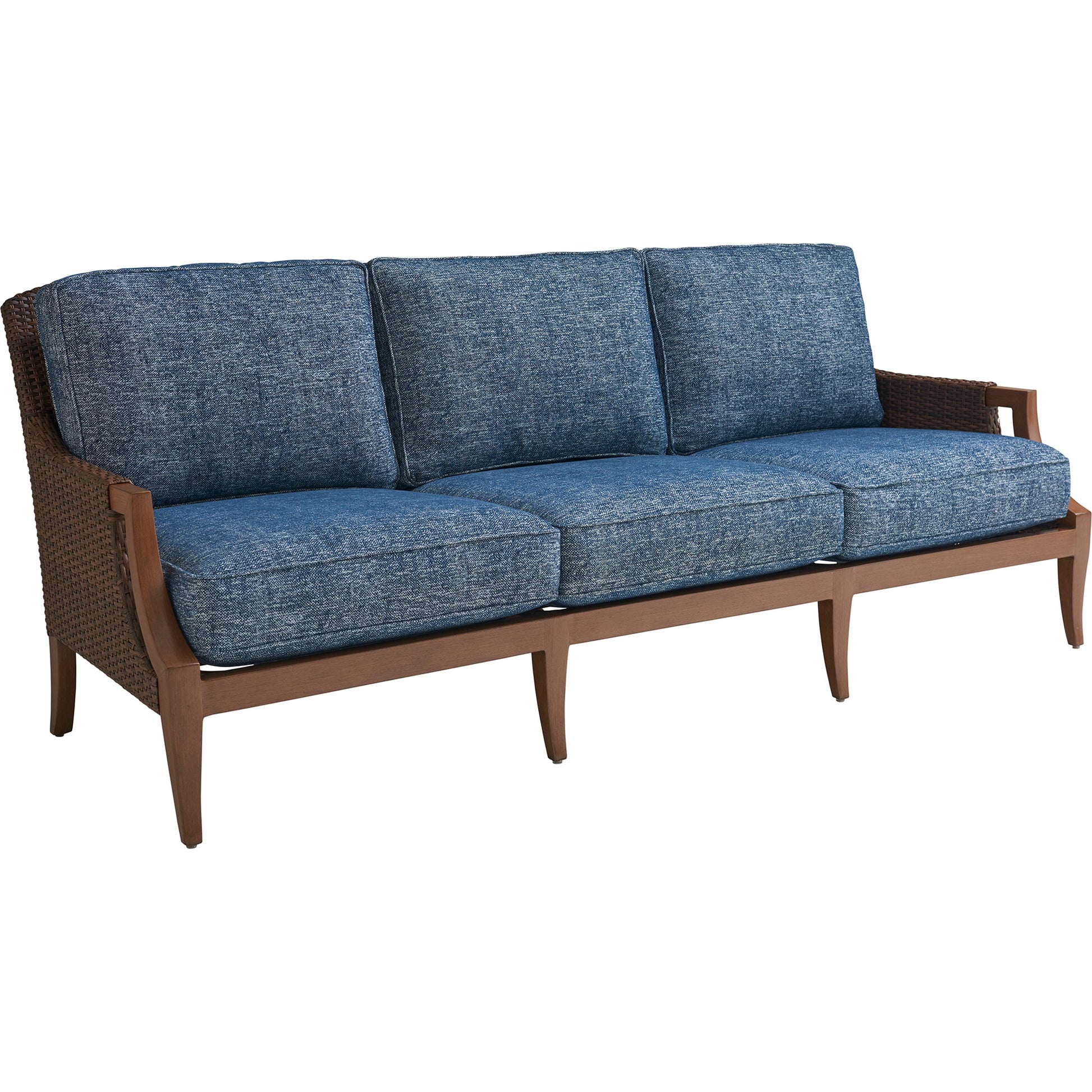Harbor Isle Sofa by Tommy Bahama Outdoor in blue and walnut. Made from unique in a coastal style.