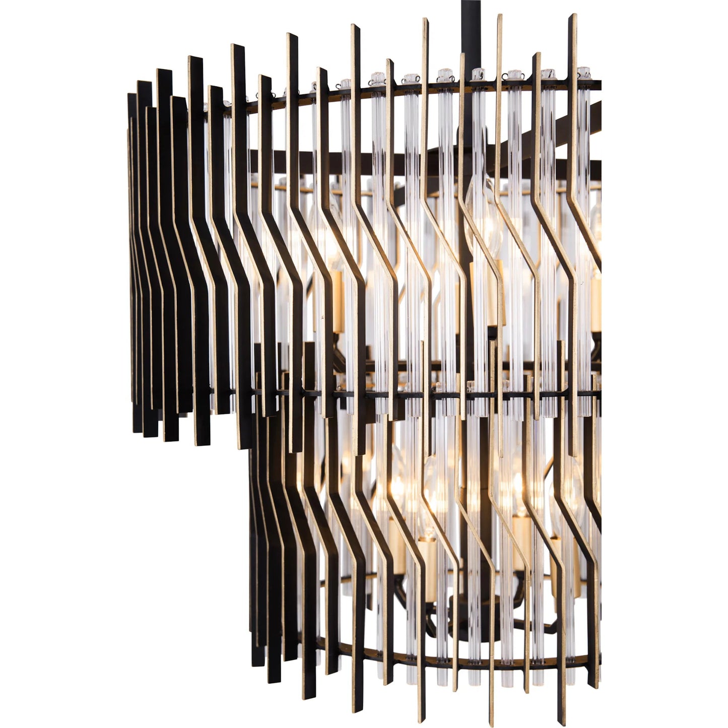 005 SI-2445113 | Closeup | Park Row 2-Tier Chandelier by Varaluz in matte black, french gold. Made from unique in a modern style.