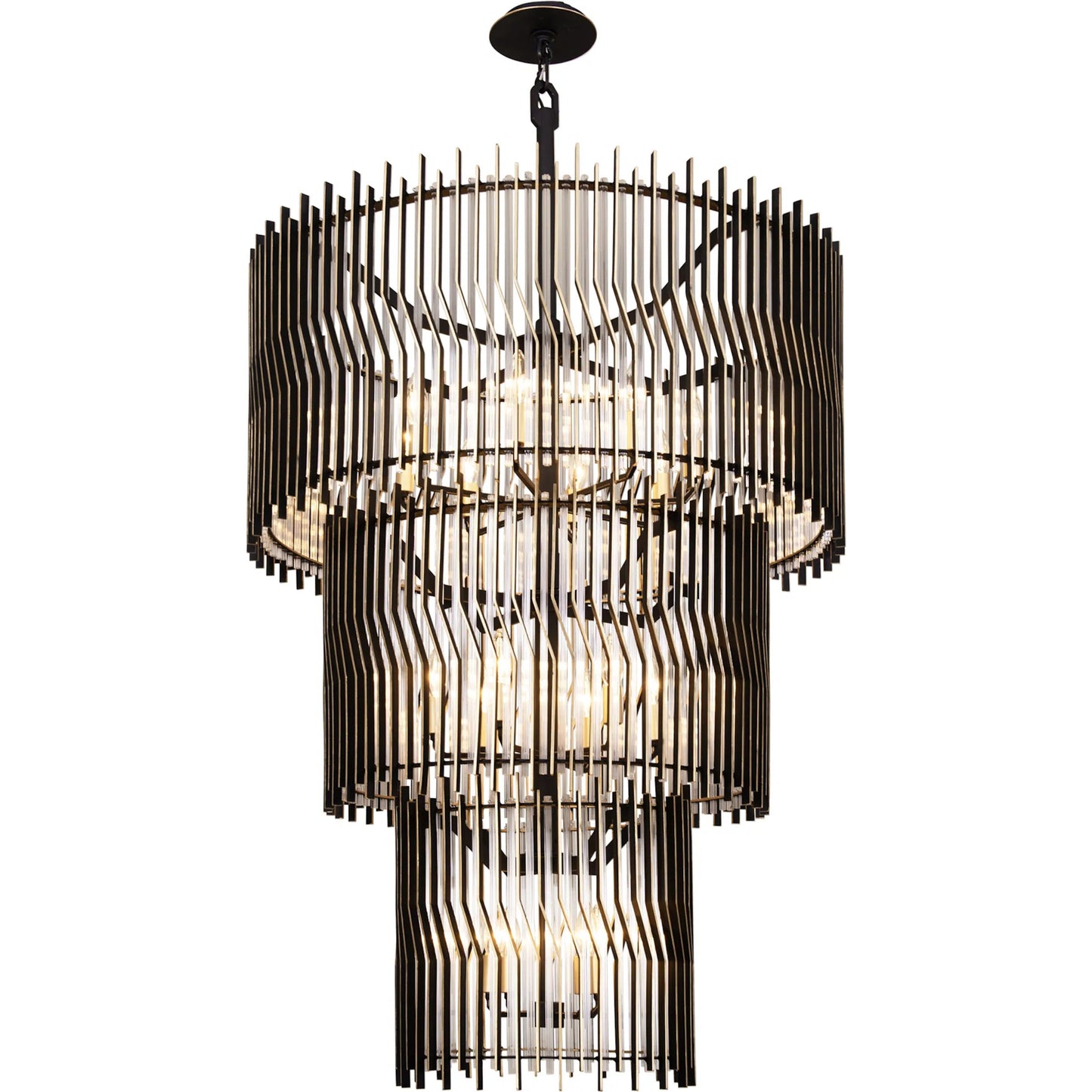 001 SI-2445115 | Primary Silo | Park Row 3-Tier Chandelier by Varaluz in matte black, french gold. Made from unique in a modern style.