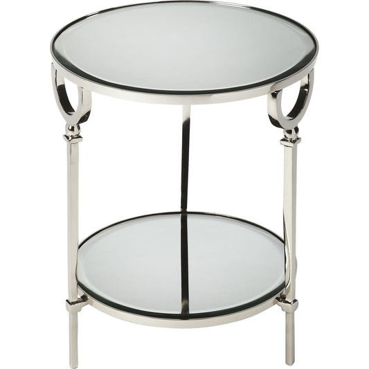 Jolene Metal & Mirror End Table by Butler Specialty Company in silver and butler loft. Made from aluminum, mdf, beveled mirrored glass in a modern style.