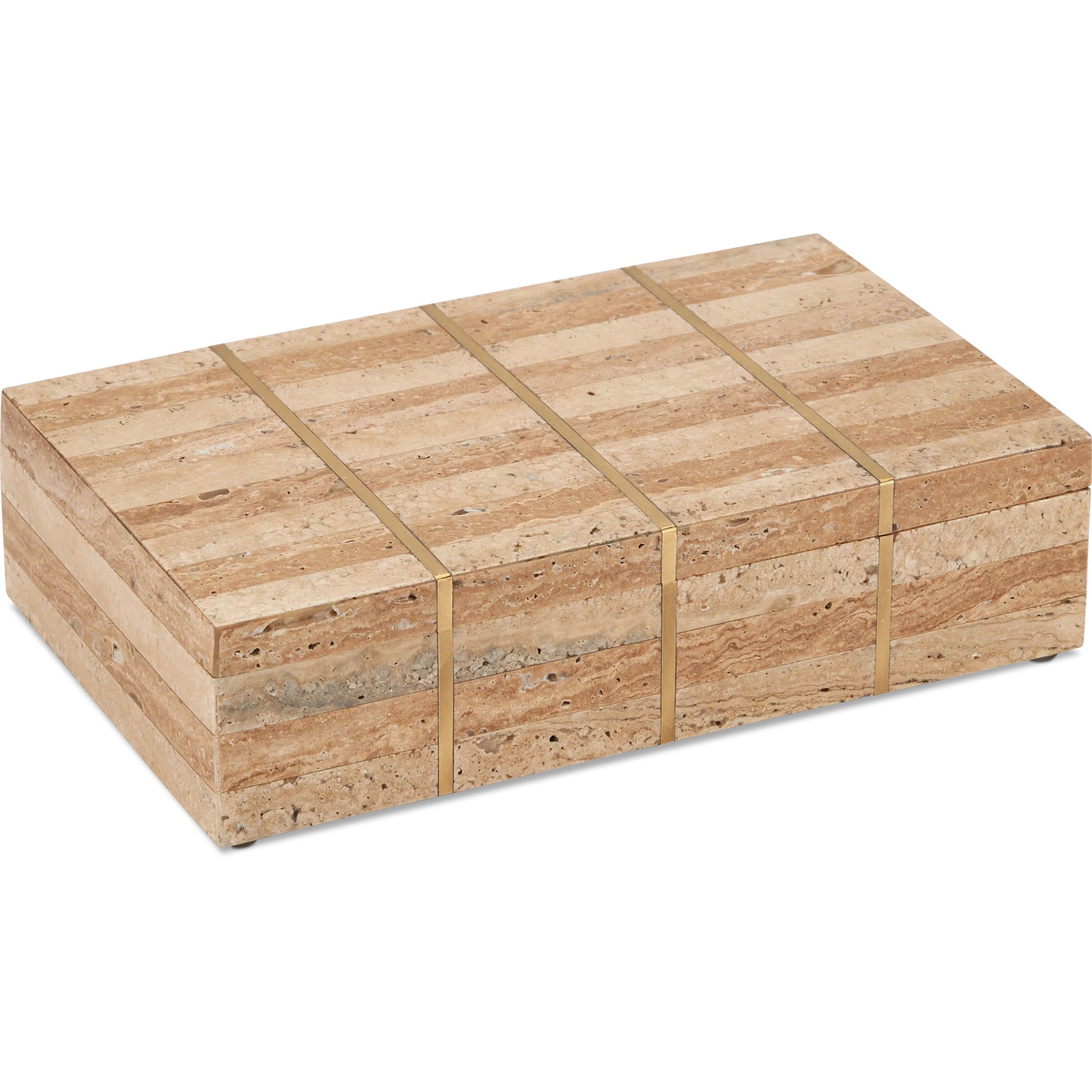 Dezi Box by Currey and Company in natural, brass, off-white. Made from travertine, brass, composite in a transitional style.