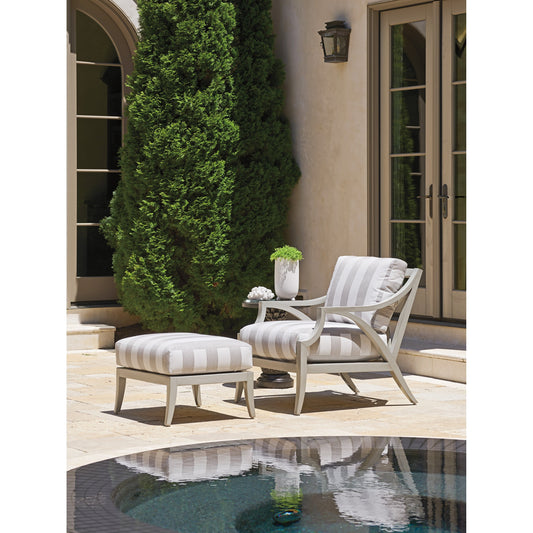 Silver Sands Ottoman by Tommy Bahama Outdoor in gray oyster shell. Made from unique in a coastal style.