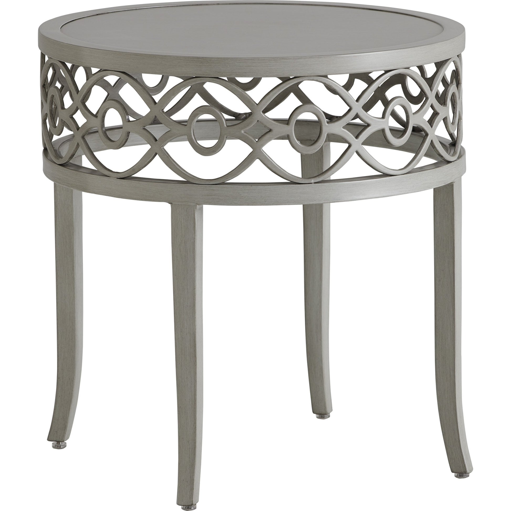 Silver Sands Round End Table by Tommy Bahama Outdoor in gray oyster shell. Made from unique in a transitional style.