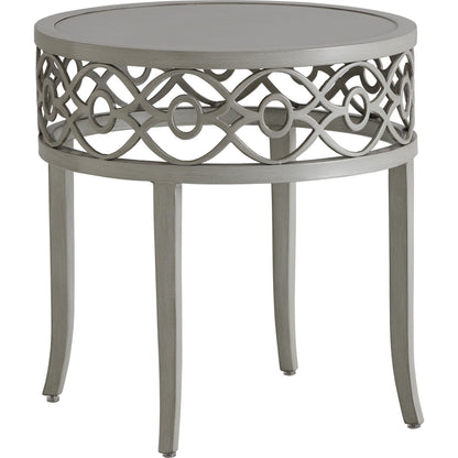 Silver Sands Round End Table by Tommy Bahama Outdoor in gray oyster shell. Made from unique in a transitional style.