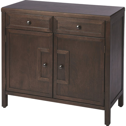 Imperial Coffee Console Cabinet by Butler Specialty Company in dark brown and coffee. Made from bayur wood solids, mdf, silver finished steel hardware in a traditional style.