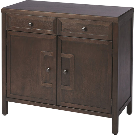 Imperial Coffee Console Cabinet by Butler Specialty Company in dark brown and coffee. Made from bayur wood solids, mdf, silver finished steel hardware in a traditional style.