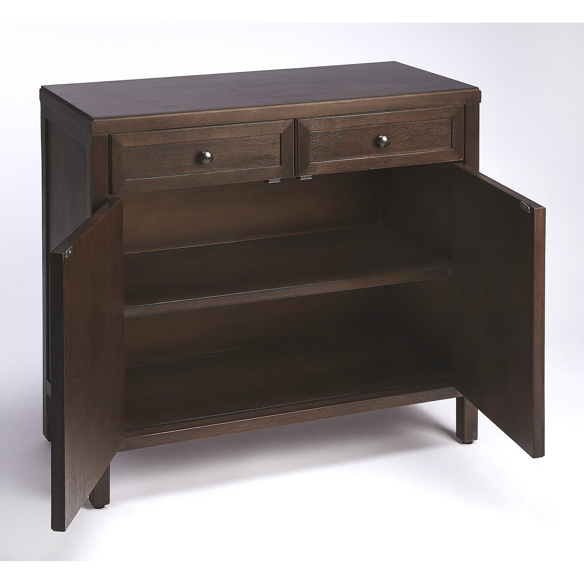 Imperial Coffee Console Cabinet by Butler Specialty Company in dark brown and coffee. Made from bayur wood solids, mdf, silver finished steel hardware in a traditional style.