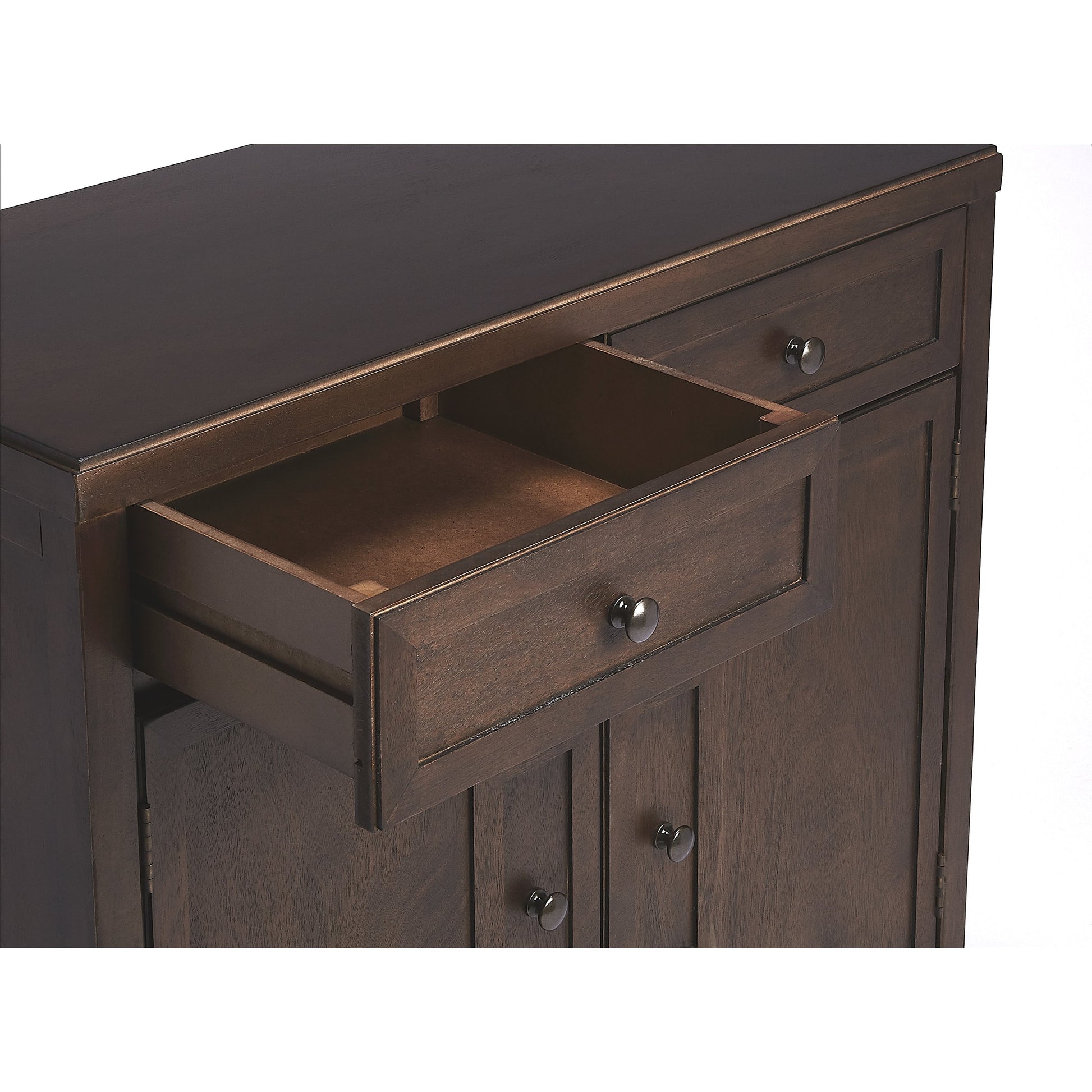 Imperial Coffee Console Cabinet by Butler Specialty Company in dark brown and coffee. Made from bayur wood solids, mdf, silver finished steel hardware in a traditional style.