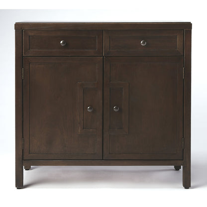 Imperial Coffee Console Cabinet by Butler Specialty Company in dark brown and coffee. Made from bayur wood solids, mdf, silver finished steel hardware in a traditional style.