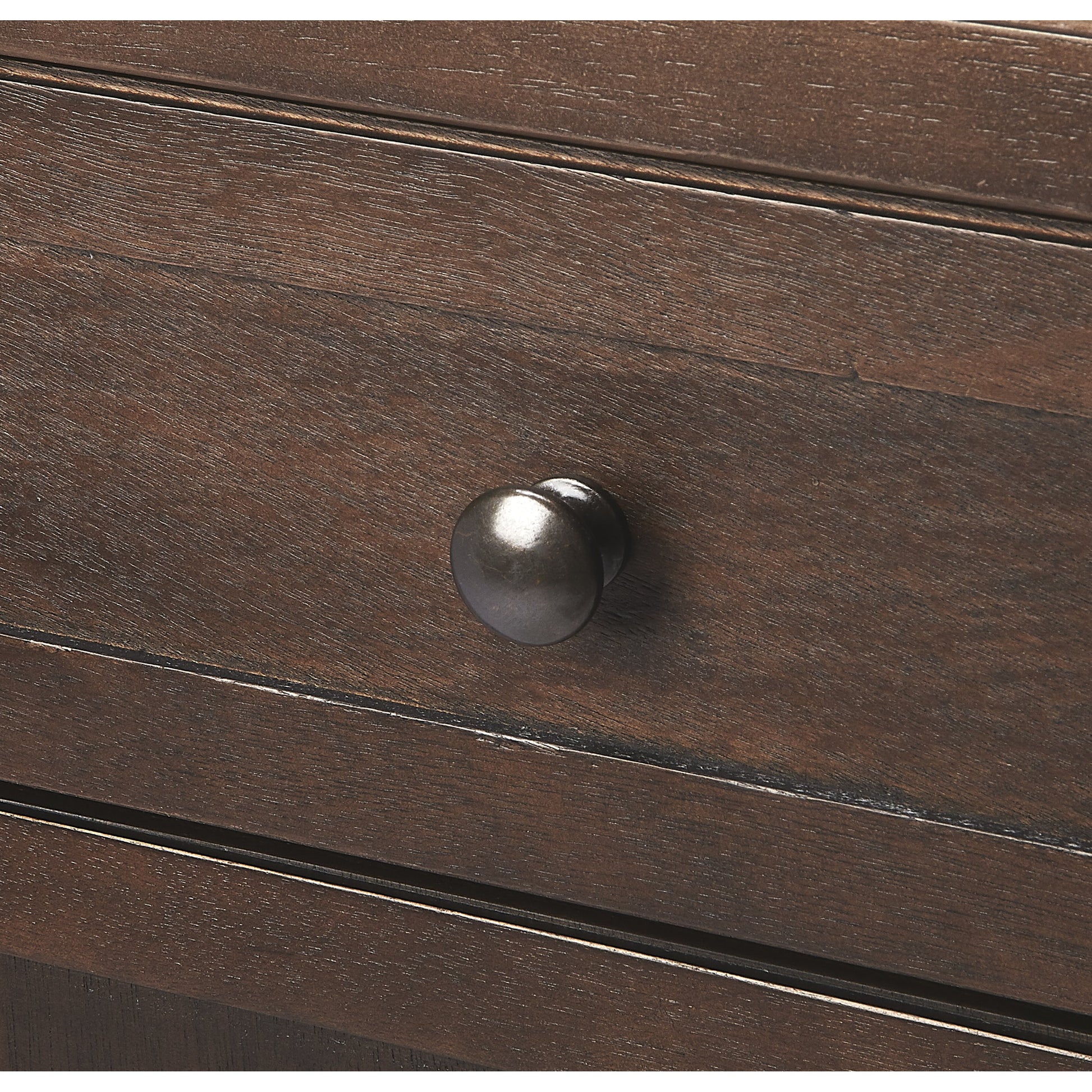 Imperial Coffee Console Cabinet by Butler Specialty Company in dark brown and coffee. Made from bayur wood solids, mdf, silver finished steel hardware in a traditional style.