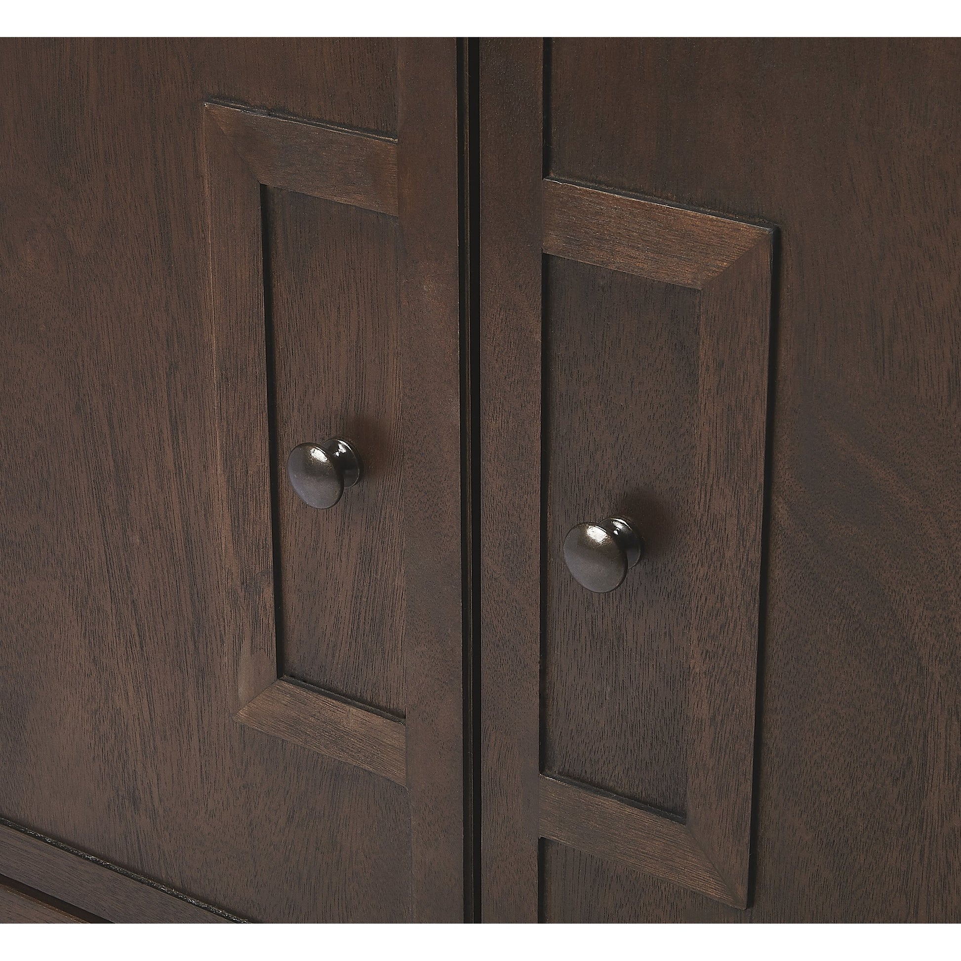 Imperial Coffee Console Cabinet by Butler Specialty Company in dark brown and coffee. Made from bayur wood solids, mdf, silver finished steel hardware in a traditional style.