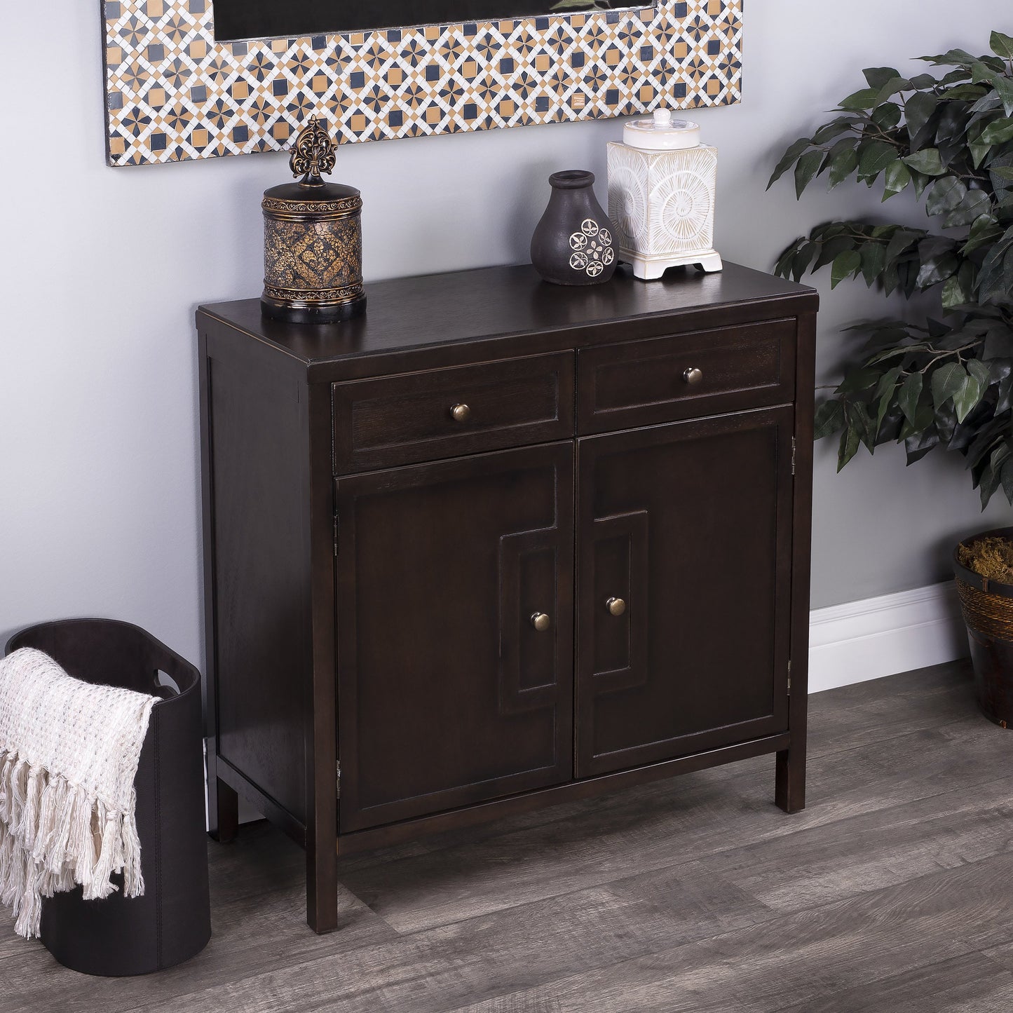 009 S-346257 | Lifestyle | Imperial Coffee Console Cabinet by Butler Specialty Company in dark brown and coffee. Made from bayur wood solids, mdf, silver finished steel hardware in a traditional style.
