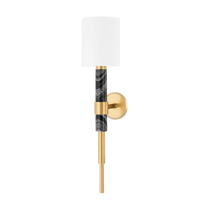 Solstice Wall Sconce by Corbett in vintage brass, black marble. Made from steel in a modern style.