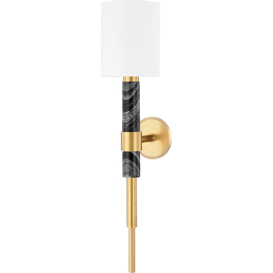 Solstice Wall Sconce by Corbett in vintage brass, black marble. Made from steel in a modern style.