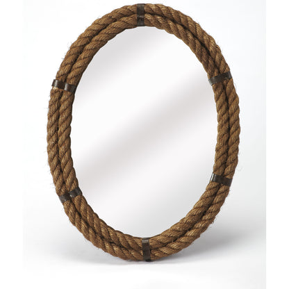 Darby Oval Rope Wall Mirror by Butler Specialty Company in light brown and mountain lodge. Made from iron, rope, mirrored glass in a coastal style.
