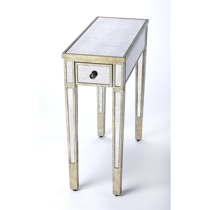 Celeste Mirrored Chairside Table by Butler Specialty Company in silver and mirror. Made from poplar hardwood solids, mdf, mirrored glass in a traditional style.