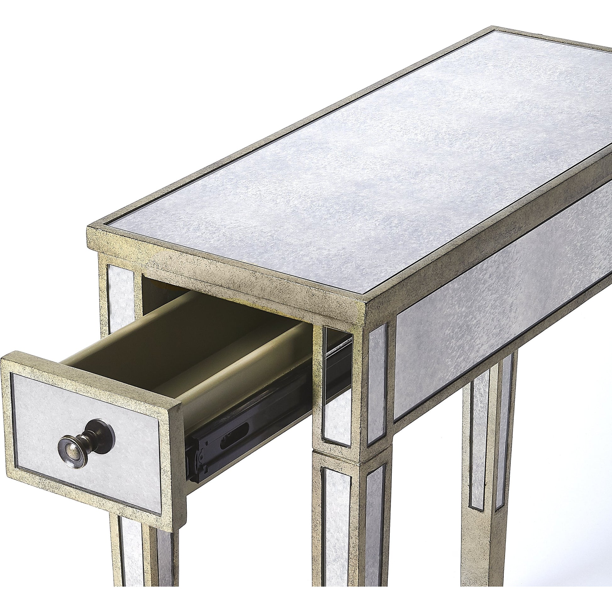 Celeste Mirrored Chairside Table by Butler Specialty Company in silver and mirror. Made from poplar hardwood solids, mdf, mirrored glass in a traditional style.