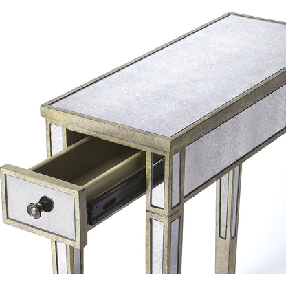 Celeste Mirrored Chairside Table by Butler Specialty Company in silver and mirror. Made from poplar hardwood solids, mdf, mirrored glass in a traditional style.