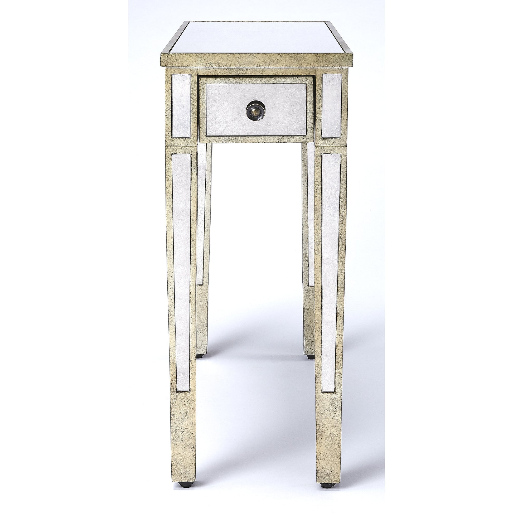 Celeste Mirrored Chairside Table by Butler Specialty Company in silver and mirror. Made from poplar hardwood solids, mdf, mirrored glass in a traditional style.