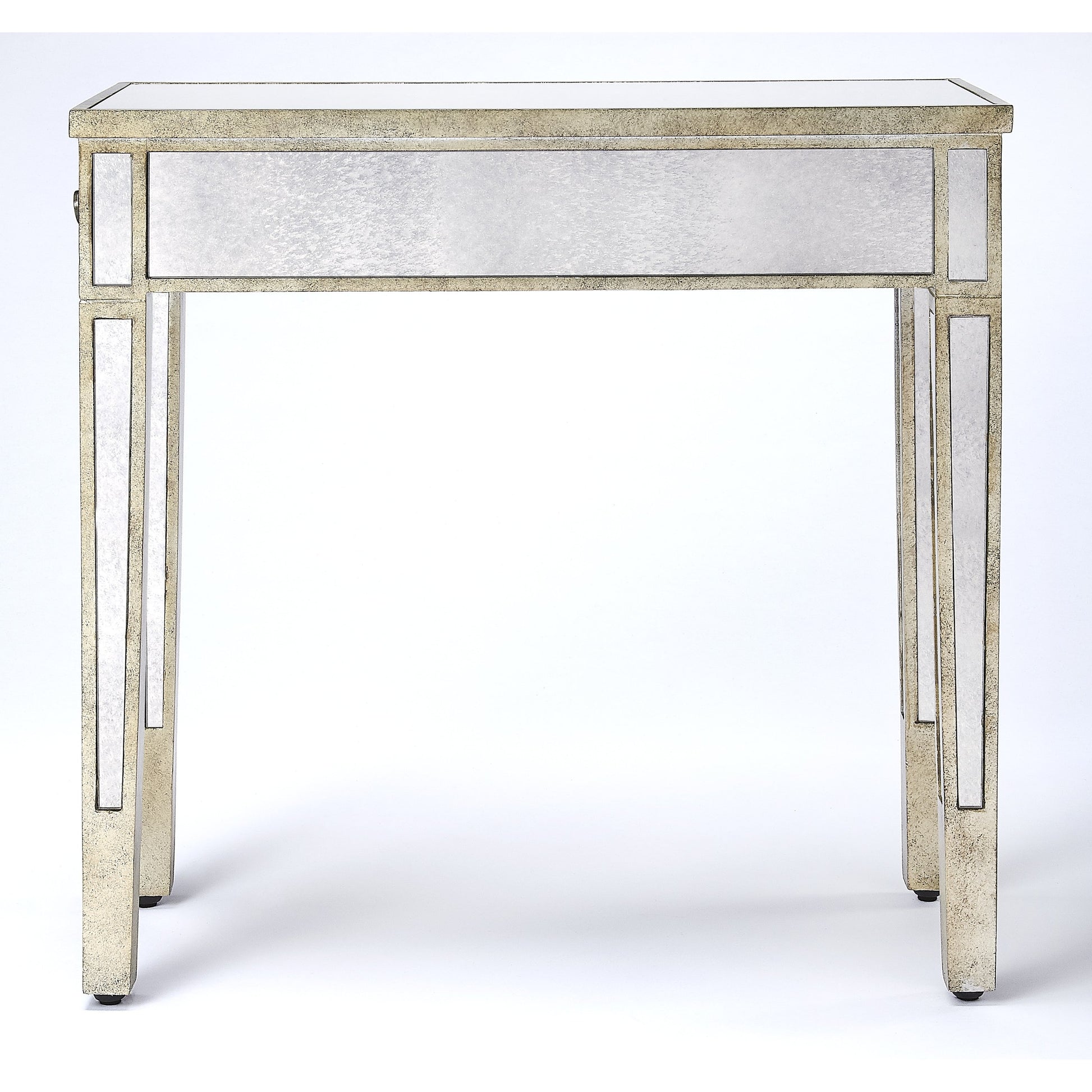 Celeste Mirrored Chairside Table by Butler Specialty Company in silver and mirror. Made from poplar hardwood solids, mdf, mirrored glass in a traditional style.