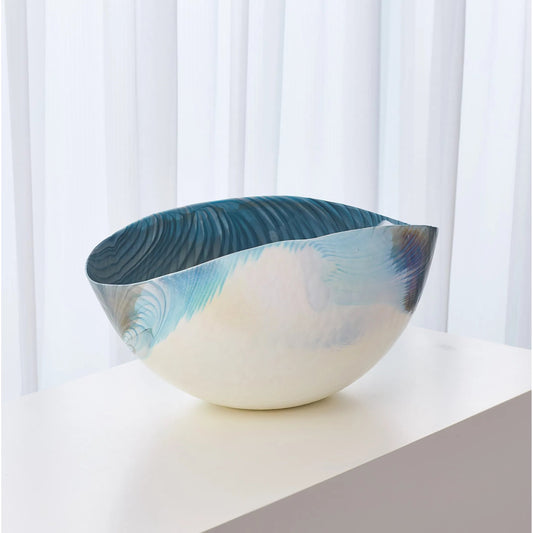 Ivory Turquoise Feather Swirl Oval Bowl by Global Views. Made from art glass in a coastal style.