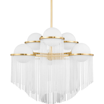 Celestial 6 Light Chandelier by Corbett in aged brass. Made from steel in a modern style.