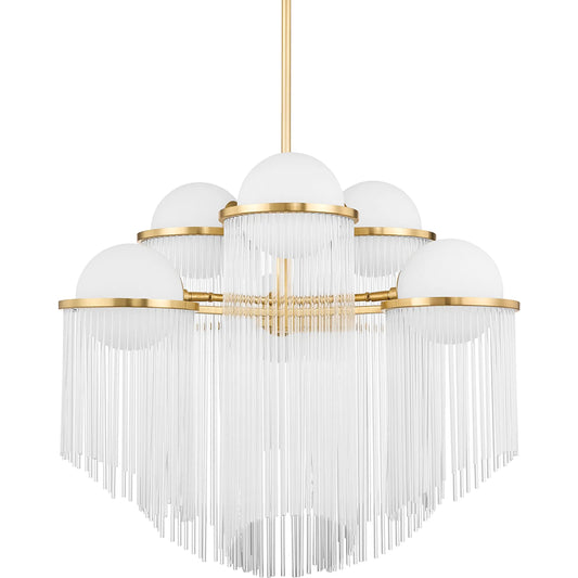 Celestial 6 Light Chandelier by Corbett in aged brass. Made from steel in a modern style.