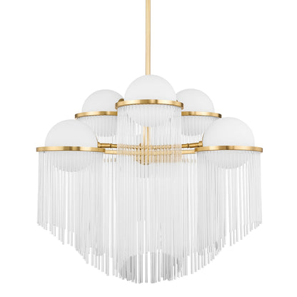 Celestial 6 Light Chandelier by Corbett in aged brass. Made from steel in a modern style.