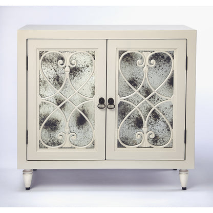 Finney Chest by Butler Specialty Company in white and white. Made from mindi wood solids, mdf, antique mirrored glass, hardware: steel in a transitional style.