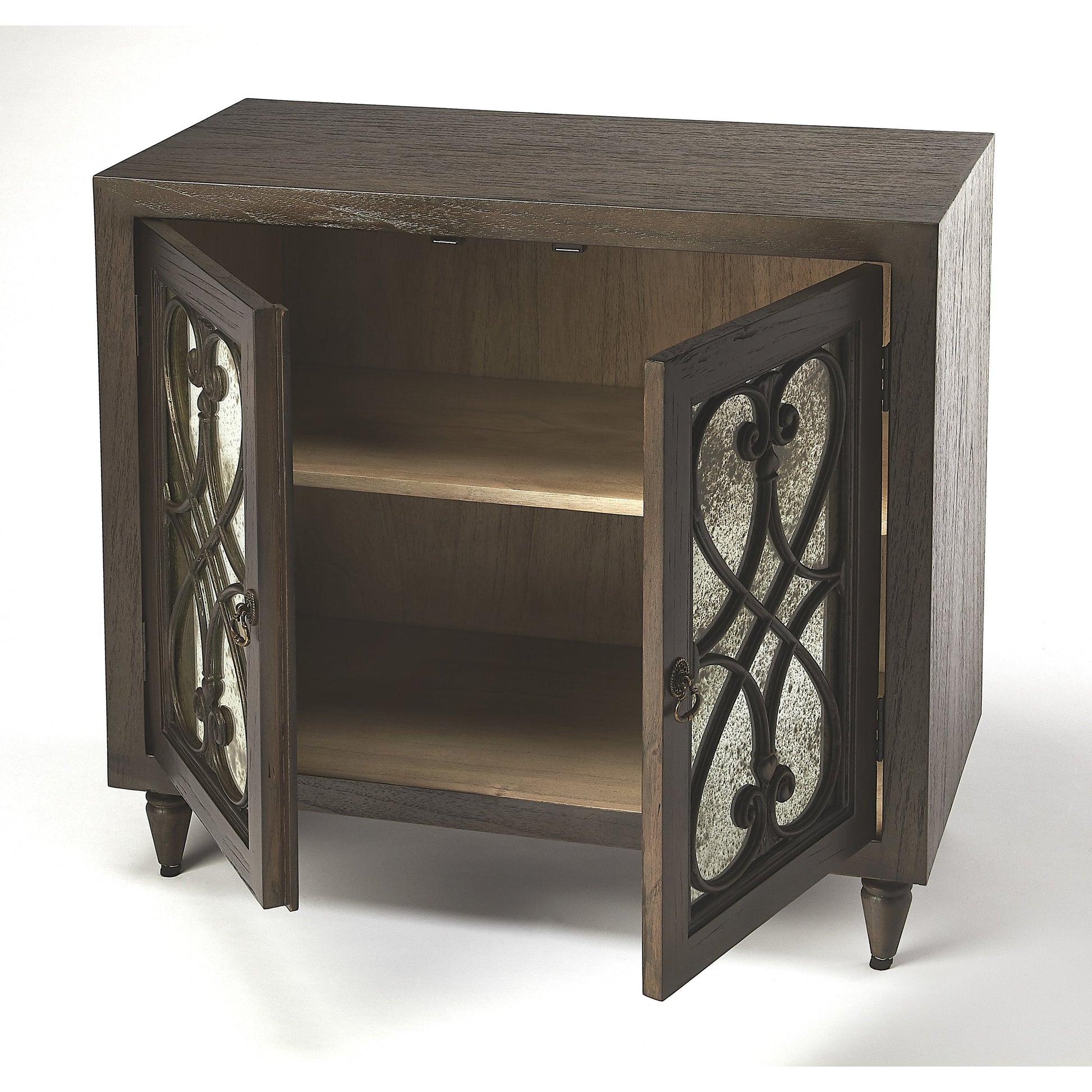 Finney Chest by Butler Specialty Company in white and white. Made from mindi wood solids, mdf, antique mirrored glass, hardware: steel in a transitional style.