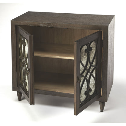 Finney Chest by Butler Specialty Company in white and white. Made from mindi wood solids, mdf, antique mirrored glass, hardware: steel in a transitional style.