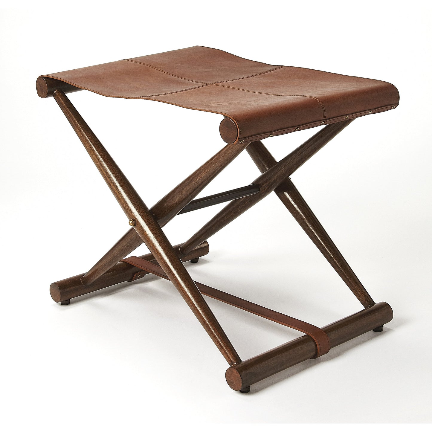 003 S-346382 | Additional Silo | Sutton Leather Folding Stool by Butler Specialty Company in medium brown and butler loft. Made from natural leather, shorea, meranti wood solids in a rustic style.