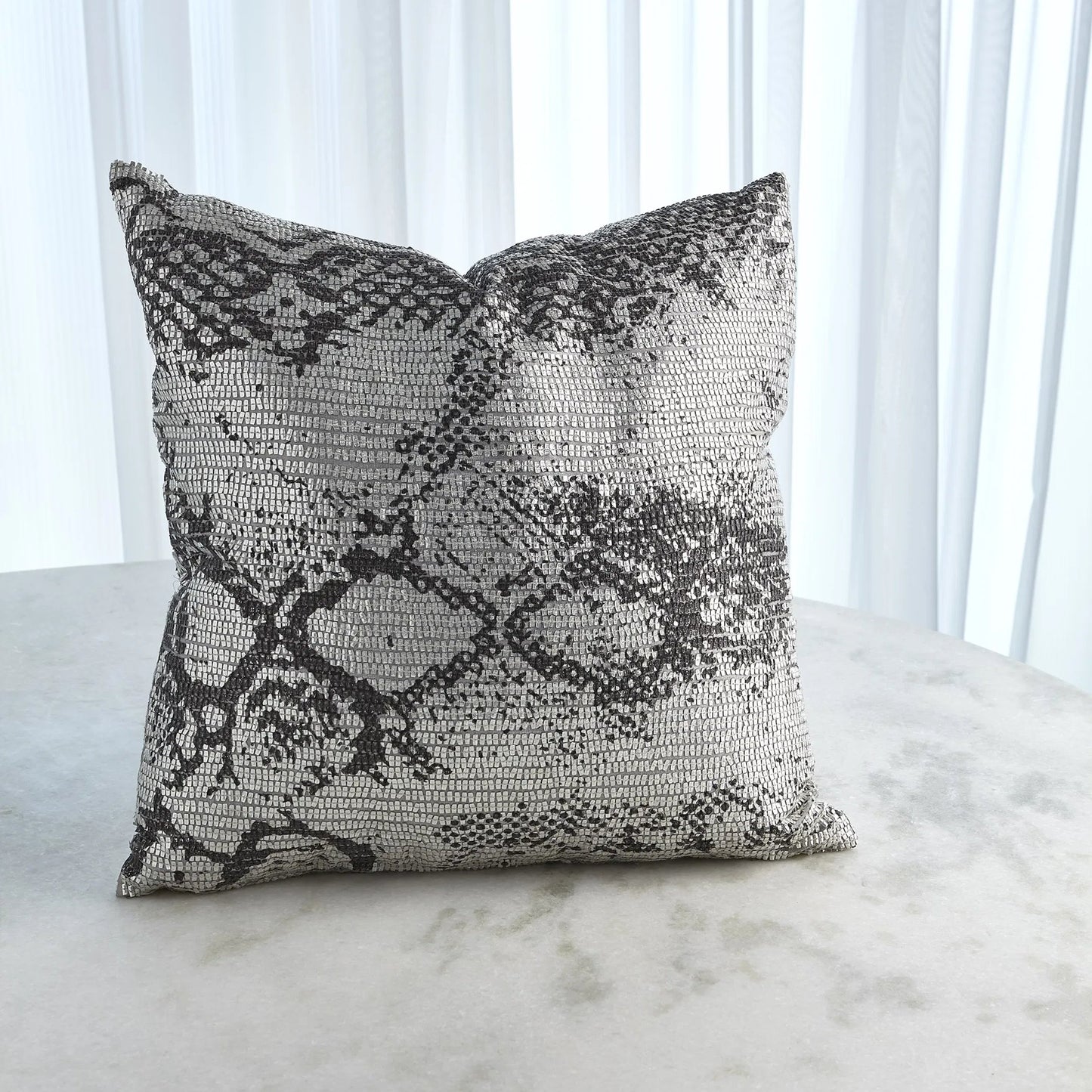 005 SR-890763 | Additional Silo | Shimmer Snake Skin Pillow by Global Views in silver and silver. Made from polyester with cotton lining with plastic decor in a modern style.
