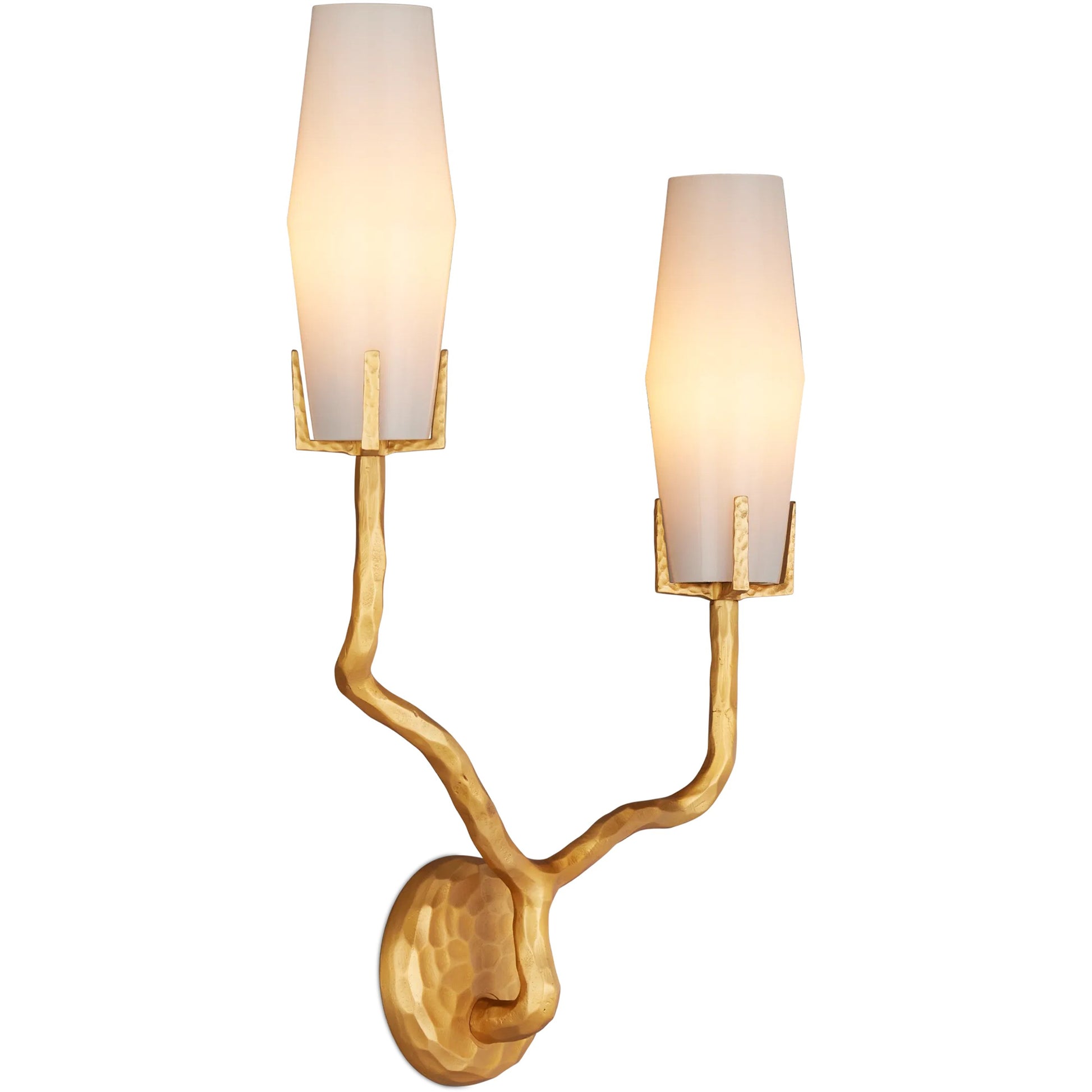 Mathilda Wall Sconce by Currey and Company in gold and white, matte gold. Made from glass, brass in a modern style.