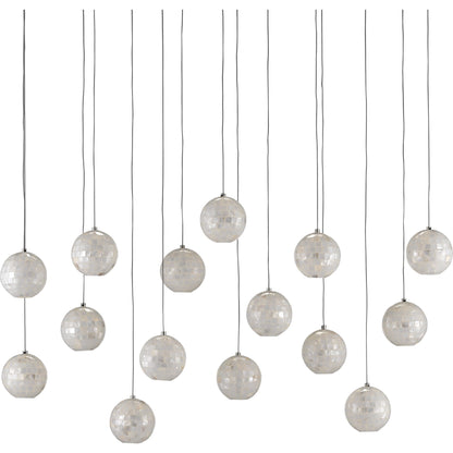 Finhorn Linear Pendant by Currey and Company in painted silver, pearl. Made from metal, mother of pearl in a modern style.
