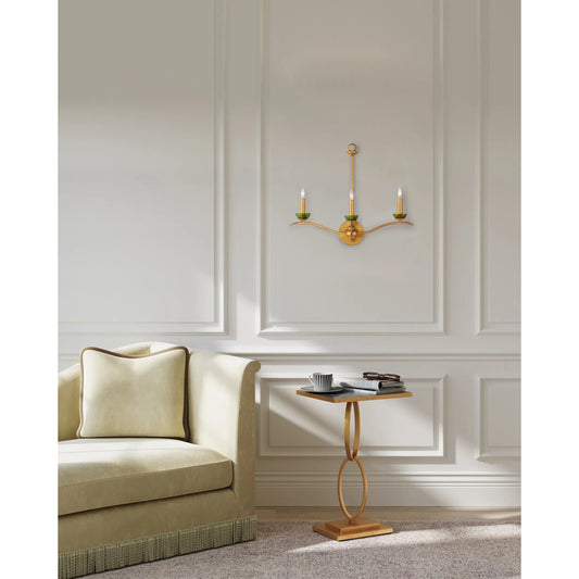 Flannery Wall Sconce by Currey and Company in contemporary gold leaf, green. Made from wrought iron, recycled bottle glass in a modern style.